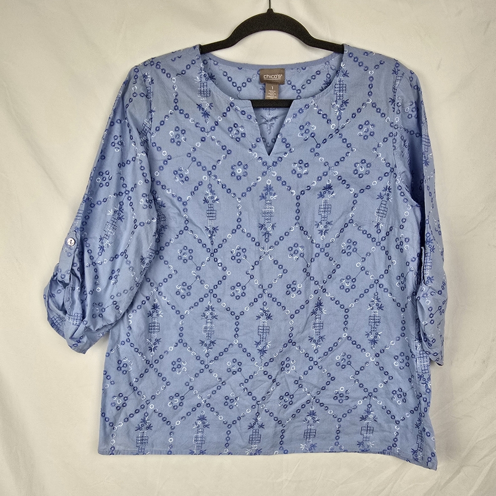 Chico's Embroidered Blue Boxy Minimalist 3/4 Sleeve Popover Top sz 1 (M/8 US)